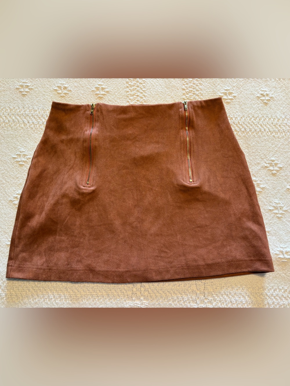 Brown Suede Mini Skirt with Front Zippers